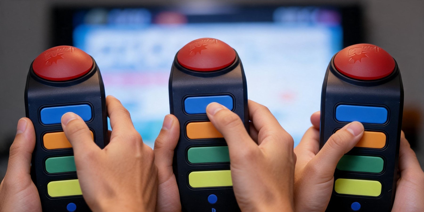 Buzzers físicos Antarion en acción, con la pantalla del show de fondo