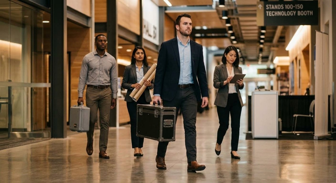 Equipo llegando al piso de exposición con el kit de Antarion
